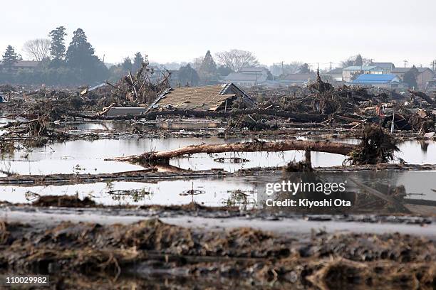 Residential area damaged by the tsunami is seen after an 8.9 magnitude strong earthquake struck on March 11 off the coast of north-eastern Japan, on...