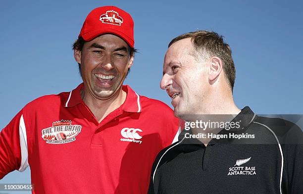 Stephen Fleming and New Zealand Prime Minister John Key enjoy laugh during the Christchurch Earthquake Relief Charity Twenty20 match at Basin Reserve...