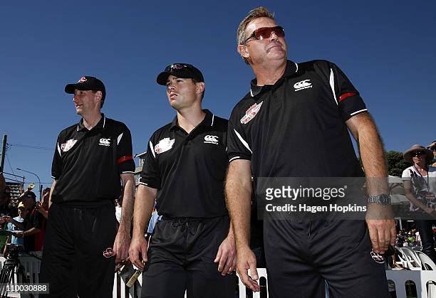 Martin Crowe , Matthew Bell and Ewen Chatfield look on during the Christchurch Earthquake Relief Charity Twenty20 match at Basin Reserve on March 13,...