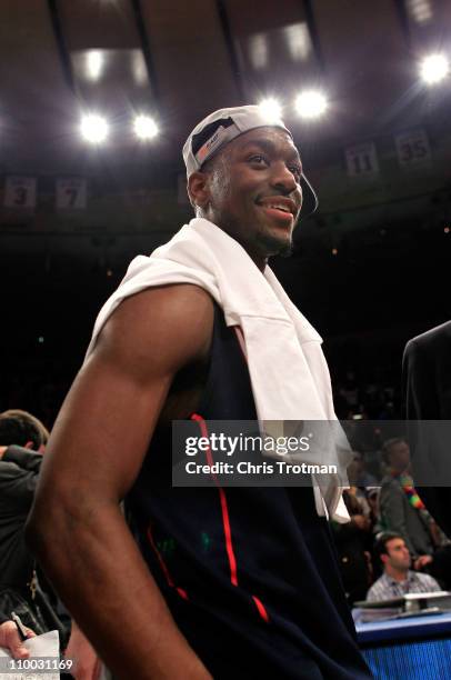 Kemba Walker of the Connecticut Huskies smiles after defeating the Louisville Cardinals during the championship of the 2011 Big East Men's Basketball...