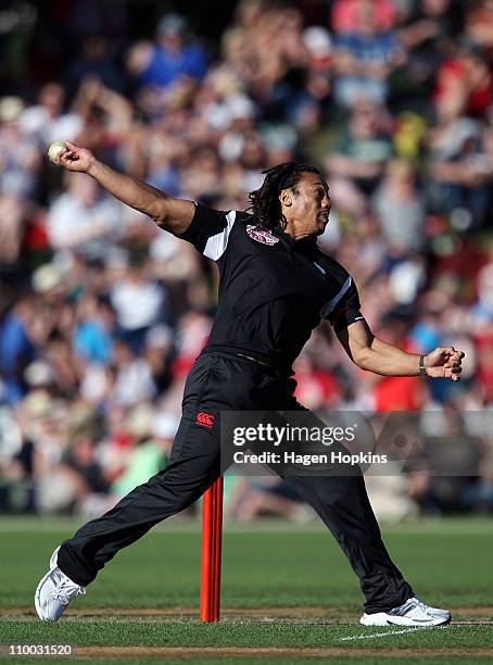 Tana Umaga Bowls during the Christchurch Earthquake Relief Charity Twenty20 match at Basin Reserve on March 13, 2011 in Wellington, New Zealand.