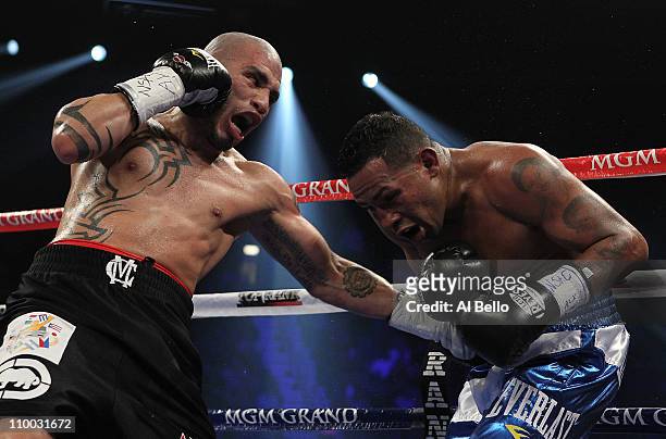 Miguel Cotto punches Ricardo Mayorga during their WBA Super Welterweight title bout at the MGM Grand Garden Arena on March 12, 2011 in Las Vegas,...