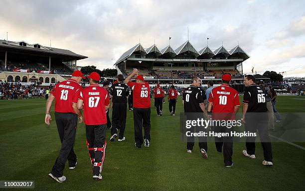 The players leave the field at the conclusion of the Christchurch Earthquake Relief Charity Twenty20 match at Basin Reserve on March 13, 2011 in...