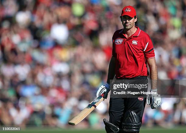 Stephen Fleming leaves the field after being dismissed during the Christchurch Earthquake Relief Charity Twenty20 match at Basin Reserve on March 13,...