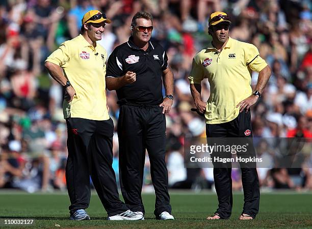 Richie McCaw, Martin Crowe and Conrad Smith look on during the Christchurch Earthquake Relief Charity Twenty20 match at Basin Reserve on March 13,...