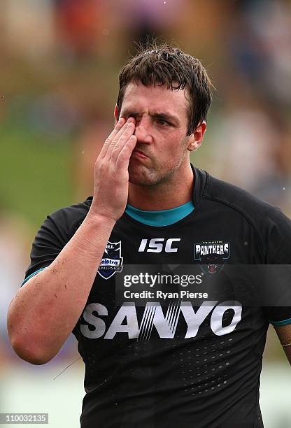 Trent Waterhouse of the Panthers looks dejected after the round one NRL match between the Penrith Panthers and the Newcastle Knights at Centrebet...