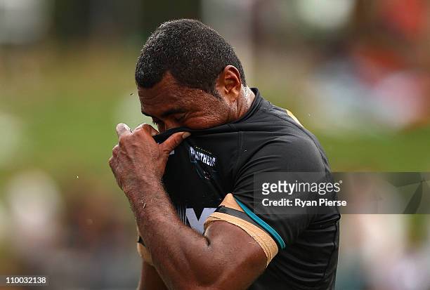 Petero Civoniceva of the Panthers looks dejected after the round one NRL match between the Penrith Panthers and the Newcastle Knights at Centrebet...