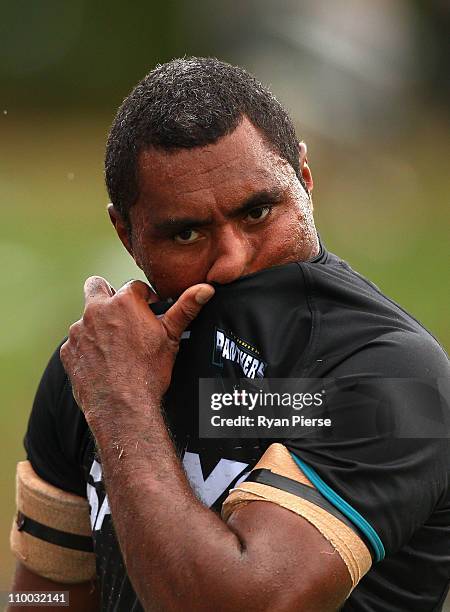 Petero Civoniceva of the Panthers looks dejected after the round one NRL match between the Penrith Panthers and the Newcastle Knights at Centrebet...