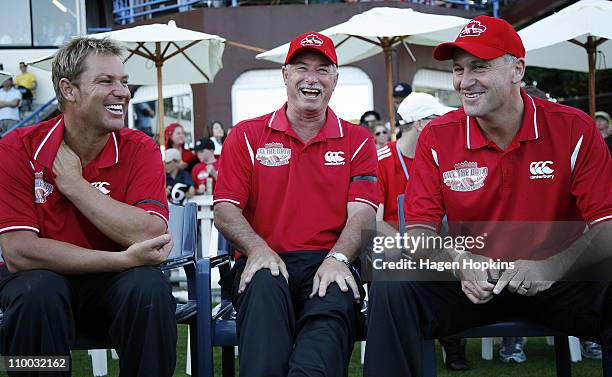 From left, Shane Warne, Sir Richard Hadlee and New Zealand Prime Minister John Key enjoy a laugh during the Christchurch Earthquake Relief Charity...