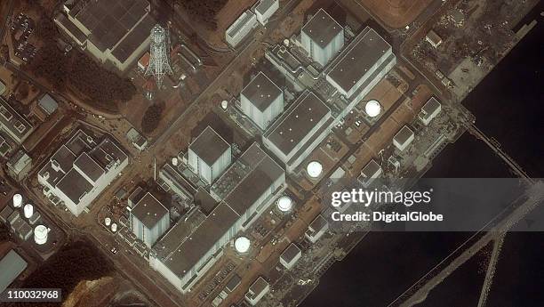 In this satellite view, the Fukushima II Dai Ni Nuclear Power plant after an 8.9 magnitude earthquake and subsequent tsunami on March 13, 2011 in...