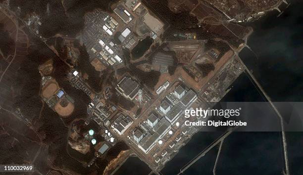 In this satellite view, the Fukushima II Dai Ni Nuclear Power plant after an 8.9 magnitude earthquake and subsequent tsunami on March 13, 2011 in...