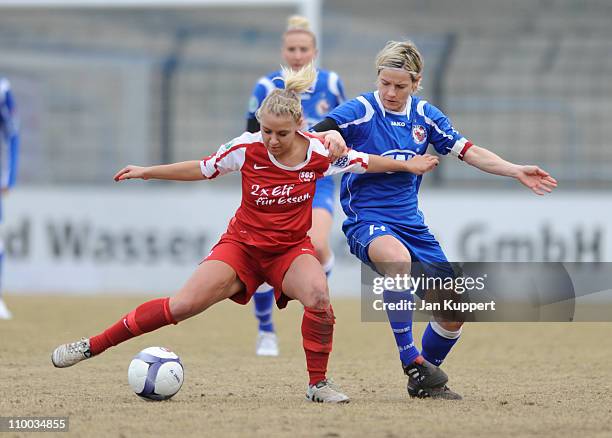 Ina Mester of Essen and Jennifer Zietz of Potsdam battle for the ball during the Women Bundesliga match between Turbine Potsdam and Essen-Schoenebeck...