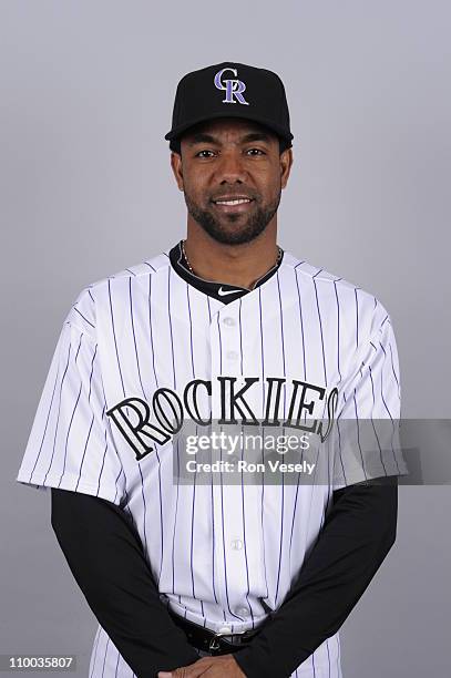 Willy Taveras of the Colorado Rockies poses during Photo Day on Thursday, February 24, 2011 at Salt River Fields at Talking Stick in Scottsdale,...