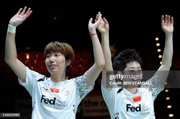 China's Wang Xiaoli and Yu Yang celebrate their win over Japan's Mizuki Fujii and Reika Kakiiwa during the womens doubles final of the Badminton All...