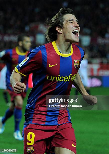 Bojan Krkic of Barcelona celebrates scoring his sides opening goal during the la Liga match between Sevilla and Barcelona at Estadio Ramon Sanchez...