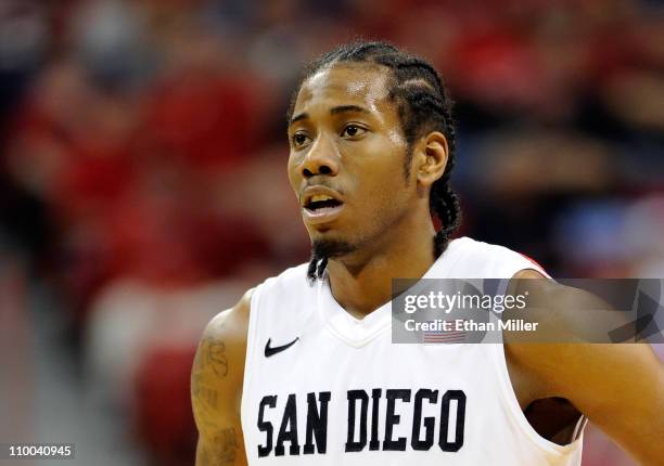 Kawhi Leonard of the San Diego State Aztecs appears on the court during a quarterfinal game of the Conoco Mountain West Conference Basketball...