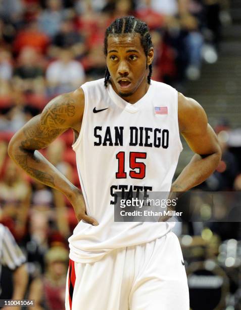 Kawhi Leonard of the San Diego State Aztecs appears on the court during a quarterfinal game of the Conoco Mountain West Conference Basketball...