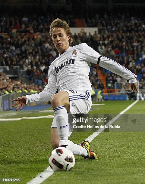 Sergio Canales of Real Madrid in action during the La Liga match between Real Madrid and Hercules at Estadio Santiago Bernabeu on March 12, 2011 in...