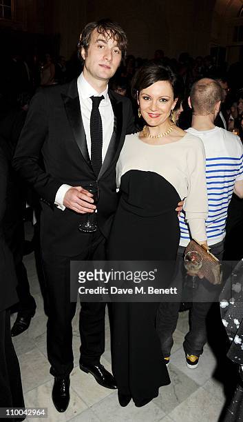 Actress Rachael Stirling and guest attend a post-awards gala party following The Olivier Awards 2011 at The Waldorf Hilton Hotel on March 13, 2011 in...