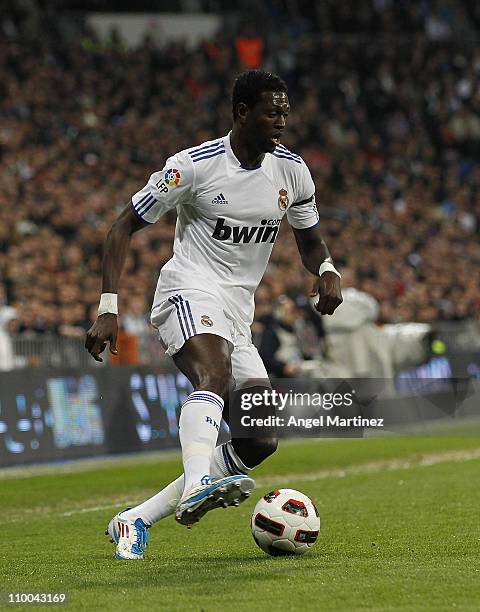 Emmanuel Adebayor of Real Madrid in action during the La Liga match between Real Madrid and Hercules at Estadio Santiago Bernabeu on March 12, 2011...