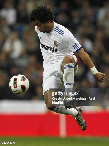Marcelo Vieira of Real Madrid in action during the La Liga match between Real Madrid and Hercules at Estadio Santiago Bernabeu on March 12, 2011 in...