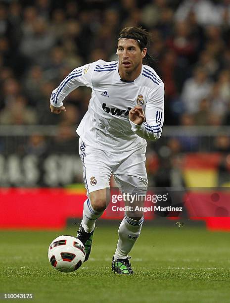 Sergio Ramos of Real Madrid in action during the La Liga match between Real Madrid and Hercules at Estadio Santiago Bernabeu on March 12, 2011 in...