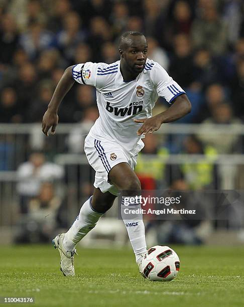Lass Diarra of Real Madrid in action during the La Liga match between Real Madrid and Hercules at Estadio Santiago Bernabeu on March 12, 2011 in...