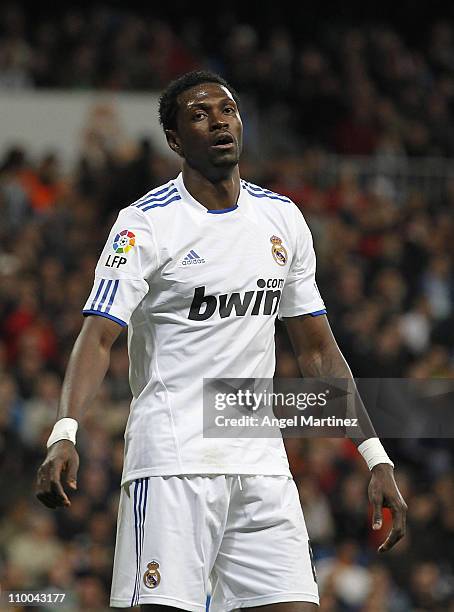 Emmanuel Adebayor of Real Madrid reacts during the La Liga match between Real Madrid and Hercules at Estadio Santiago Bernabeu on March 12, 2011 in...