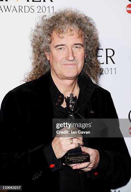 Brian May, winner of BBC Radio 2 Audience Award for Most Popular Show for "We Will Rock You" poses in the press room during The Olivier Awards 2011...