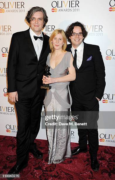 Best New Opera Production winners Steve Marmion, Robin Norton Hale, and Adam Spreadbury-Maher poses in the winner's room during the Olivier Awards...