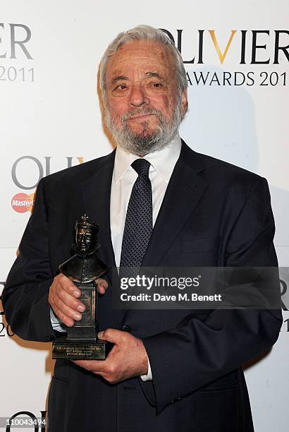 Society of London Theatre Special Award winner Stephen Sondheim poses in the winner's room during the Olivier Awards 2011 at Theatre Royal Drury Lane...