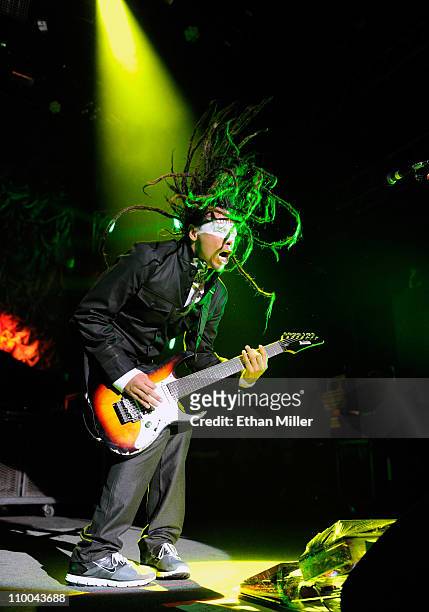 Korn guitarist James "Munky" Shaffer performs during the Music as a Weapon 5 tour at The Joint inside the Hard Rock Hotel & Casino March 12, 2011 in...