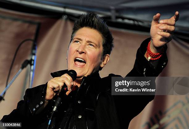 Singer k.d. Lang performs at John Varvatos' 8th Annual Stuart House Benefit at the John Varvatos Boutique on March 13, 2011 in West Hollywood,...