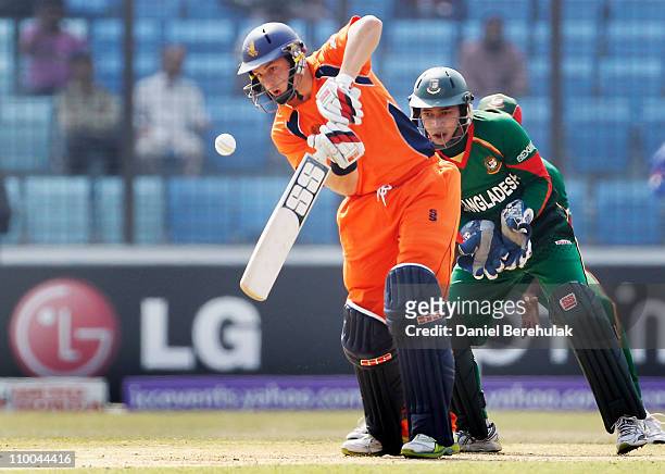 Wesley Barresi of the Netherlands plays a shot as Mushfiqur Rahim of Bangladesh wicket keeps during the 2011 ICC Cricket World Cup group B match...