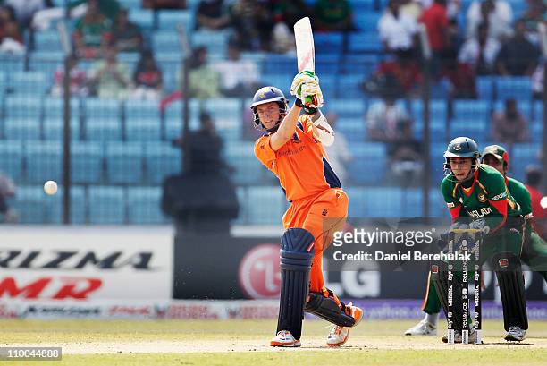 Eric Szwarczynski of the Netherlands plays a shot as Mushfiqur Rahim of Bangladesh wicket keeps during the 2011 ICC Cricket World Cup group B match...