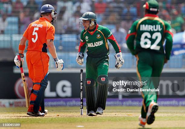 Wicketkeeper Mushfiqur Rahim of Bangladesh celebrates stumping Alexei Kervezee of the Netherlands during the 2011 ICC Cricket World Cup group B match...