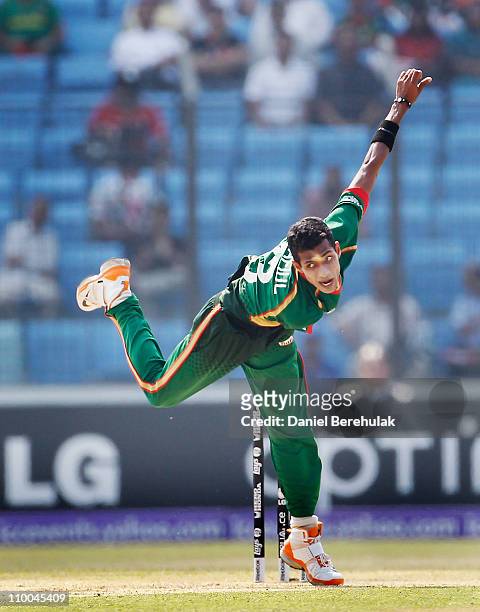 Shafiul Islam of Bangladesh bowls during the 2011 ICC Cricket World Cup group B match between Bangladesh and the Netherlands at Zohur Ahmed Chowdhury...