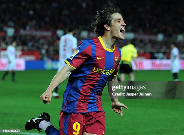 Bojan Krkic of Barcelona celebrates scoring his sides opening goal during the la Liga match between Sevilla and Barcelona at Estadio Ramon Sanchez...