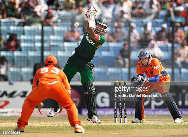 Zunaed Siddique of Bangladesh bats during the 2011 ICC Cricket World Cup group B match between Bangladesh and the Netherlands at Zohur Ahmed...