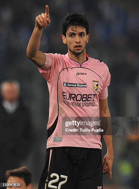 Javier Pastore of Palermo gestures during the Serie A match between SS Lazio and US Citta di Palermo at Stadio Olimpico on March 6, 2011 in Rome,...