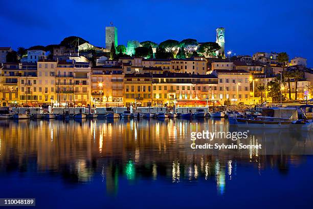 cannes at night, france - cannes harbour stock pictures, royalty-free photos & images
