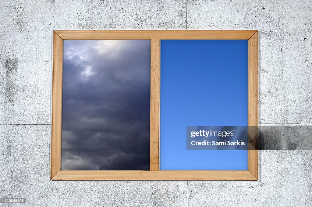 Cloudy and clear sky views framed, on white wall