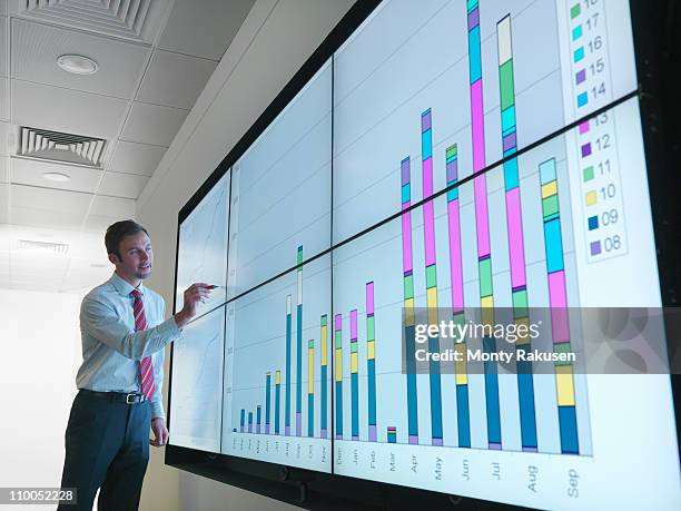 businessman with graphs on screen - knowledge graph stock pictures, royalty-free photos & images