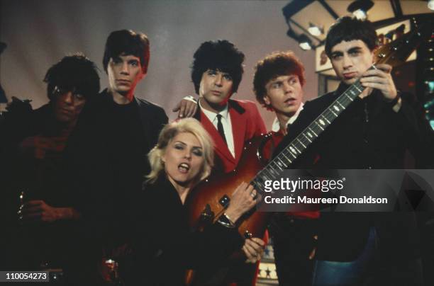 American punk rock band Blondie, 1979. From left to right, guitarist Frank Infante, keyboard player Jimmy Destri, drummer Clem Burke, bass player...