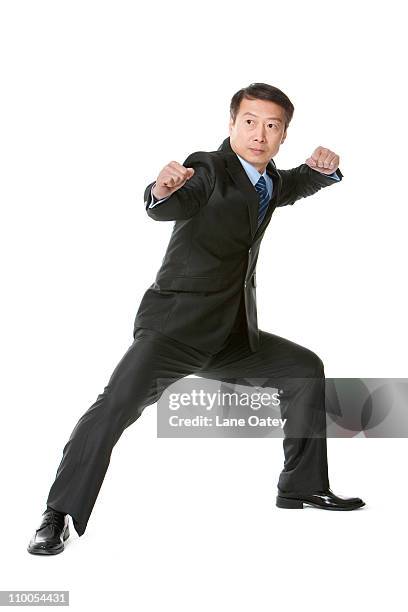 mature businessman in martial arts fighting stance - fighting stance 個照片及圖片檔