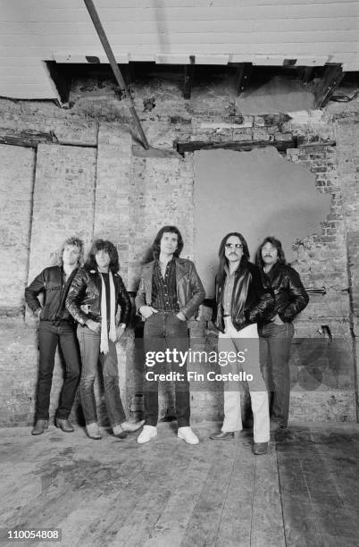 1st DECEMBER: Uriah Heep posed together at the Almeida Theatre in Islington, London in December 1981. Left to Right: John Sinclair, Trevor Bolder,...