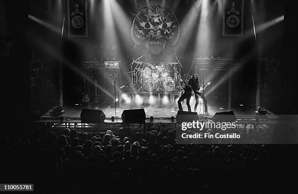 22nd MARCH: Motorhead perform live on stage at City hall in Newcastle, England on March 22nd 1982. Left to Right: Phil Taylor Lemmy Kilmister, Eddie...