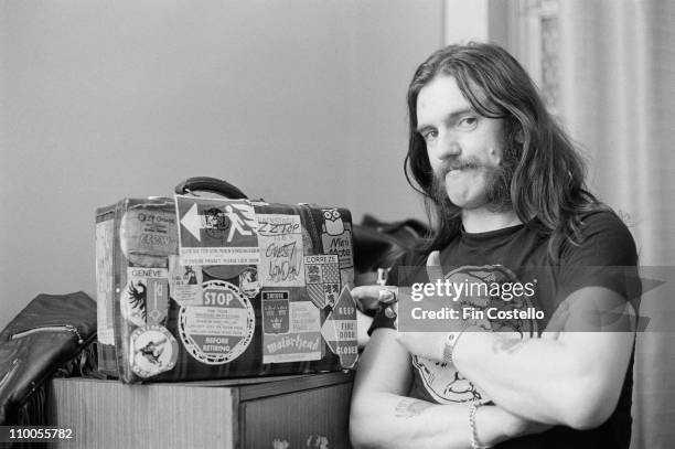 22nd MARCH: Lemmy Kilmister from Motorhead points to a tour case backstage at City Hall in Newcastle, England on March 22nd 1982.