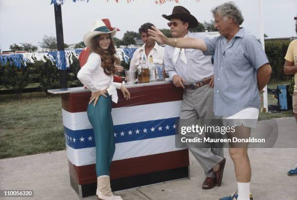 American actors Mary Crosby and Larry Hagman on the set of the television soap opera 'Dallas', 18th July 1979.