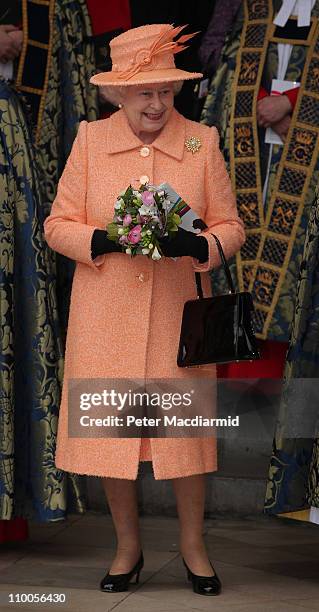 Queen Elizabeth II leaves Westminster Abbey after attending the Commonwealth Observance Service on March 14, 2011 in London, England.
